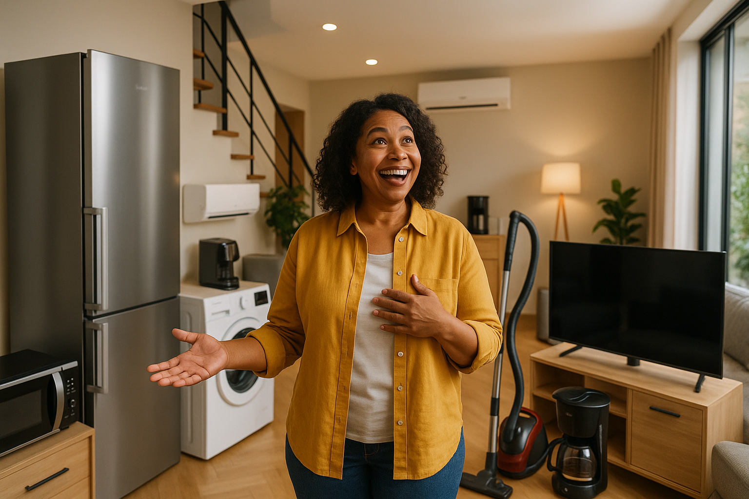 a lady wondering with smile by seing the house interiors with several electric and house hold equipments