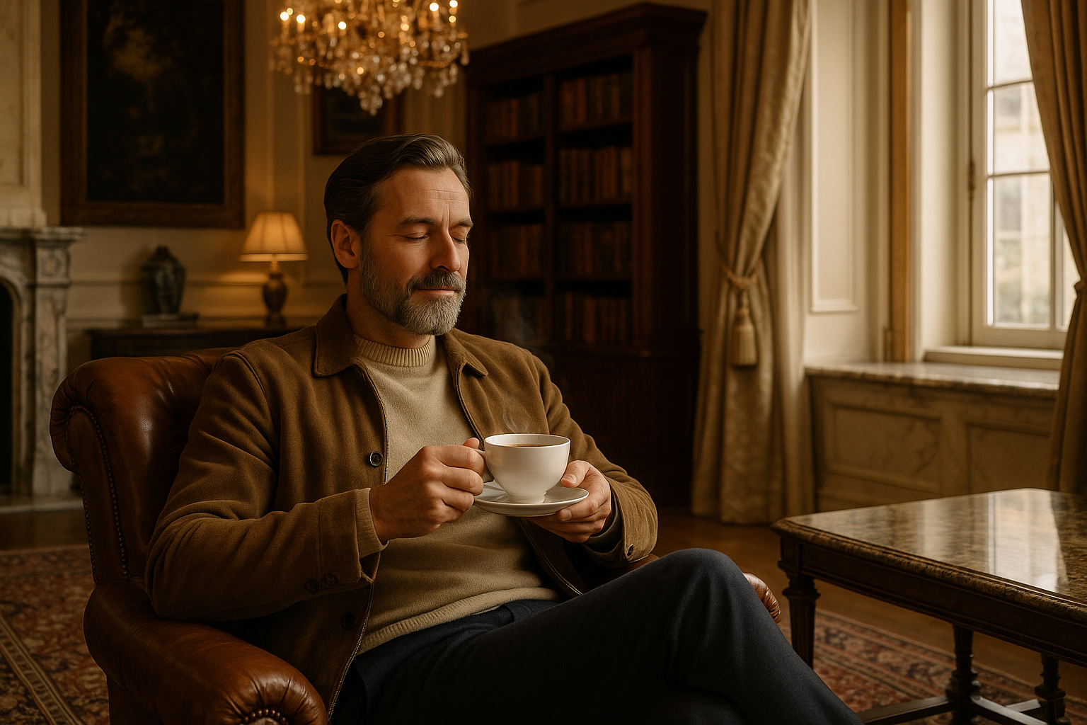 a man relaxing with a cup of tea with all luxuries in his home