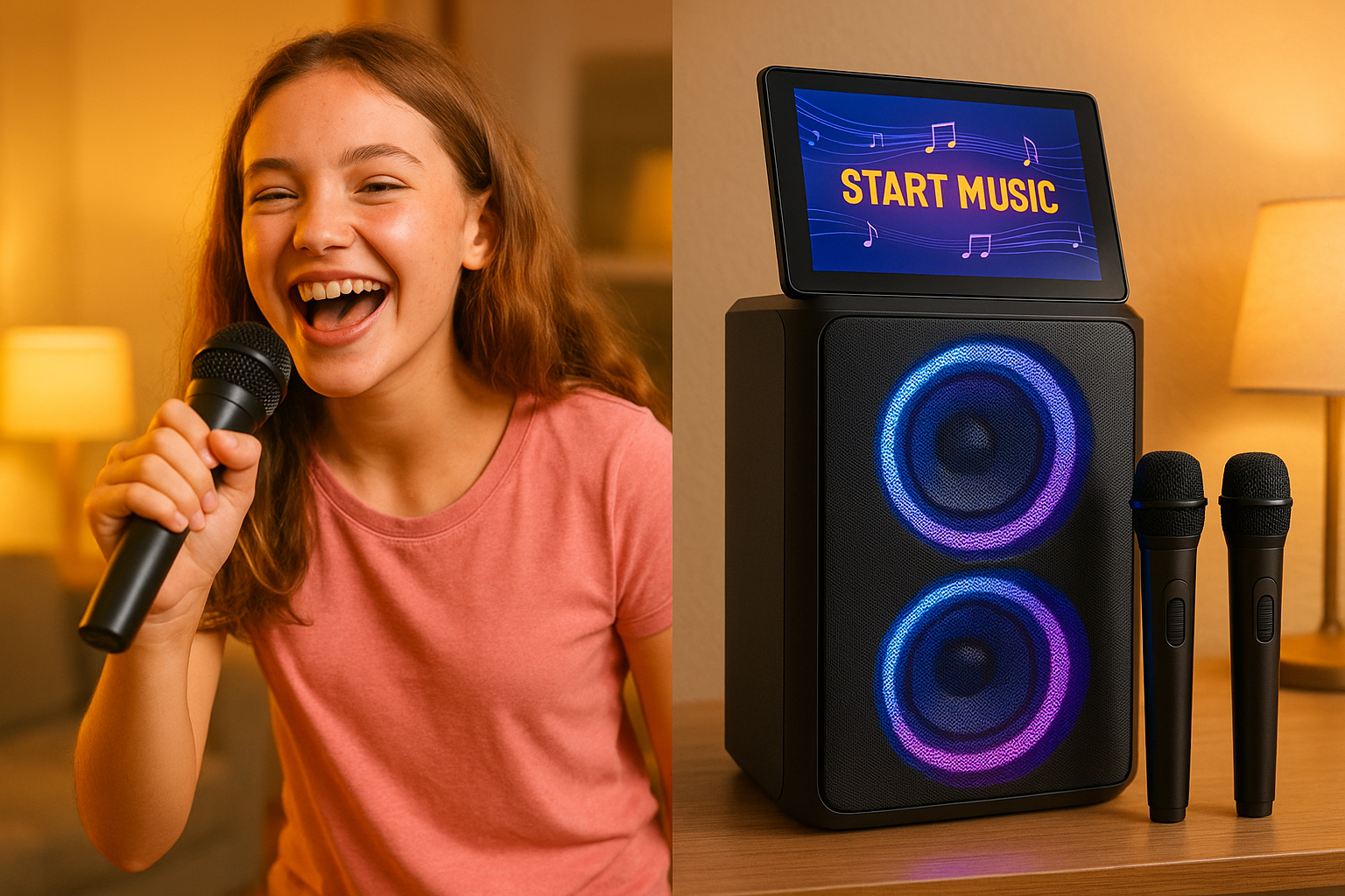 photo of tenage girl singing with a karokke set ,and the photo of a karokke set aside